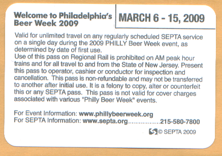 SEPTA Beer Week pass reverse side